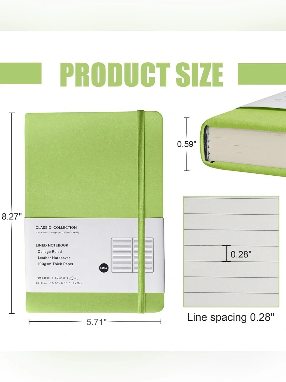Classic Collection Green Hardcover Lined Notebook with Elastic Band